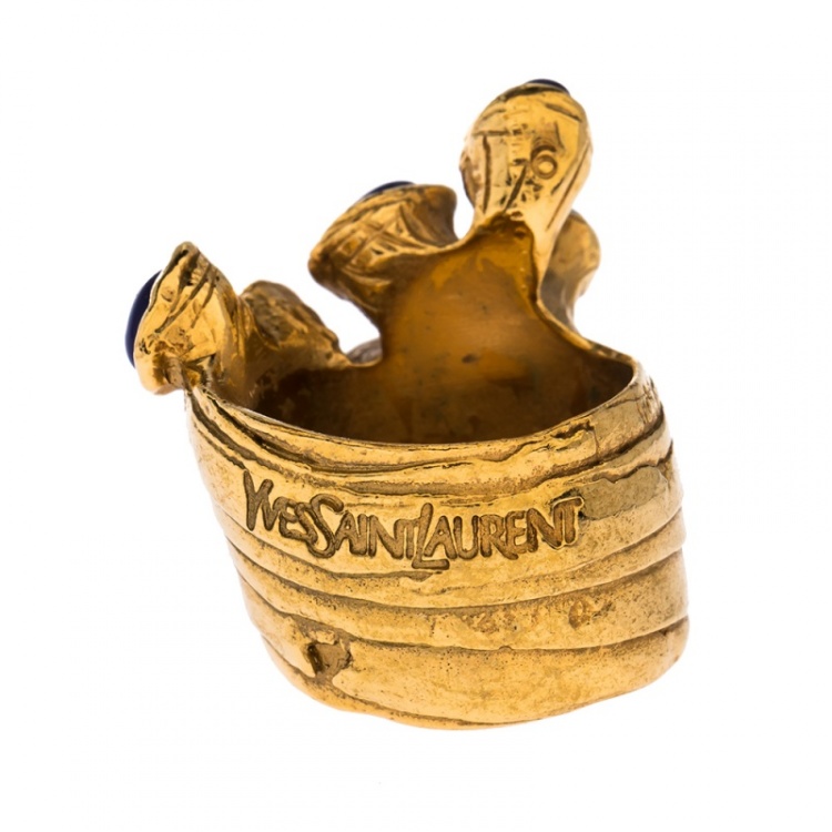 Pre Owned Yves Saint Laurent Arty Dots Blue Cabochon Gold Tone Ring Size 52