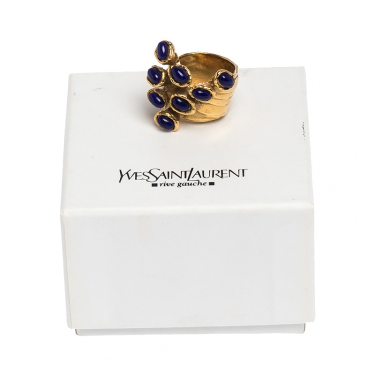 Pre Owned Yves Saint Laurent Arty Dots Blue Cabochon Gold Tone Ring Size 52