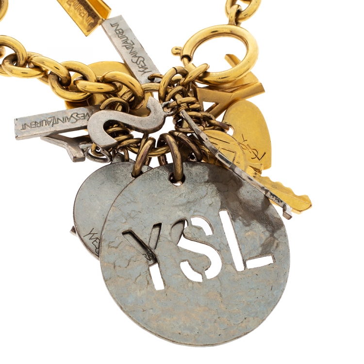 Pre Owned Yves Saint Laurent Rive Gauche Multi-charm Two Tone Chain Link Bracelet