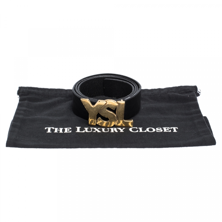 Pre Owned Saint Laurent Paris Black Leather YSL Logo Buckle Belt 95CM