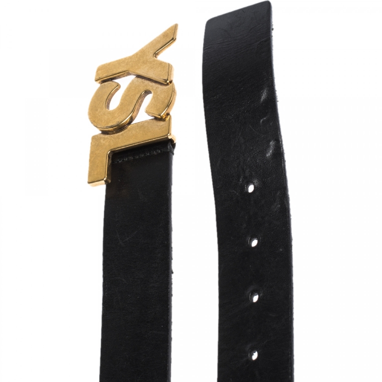 Pre Owned Saint Laurent Paris Black Leather YSL Logo Buckle Belt 95CM