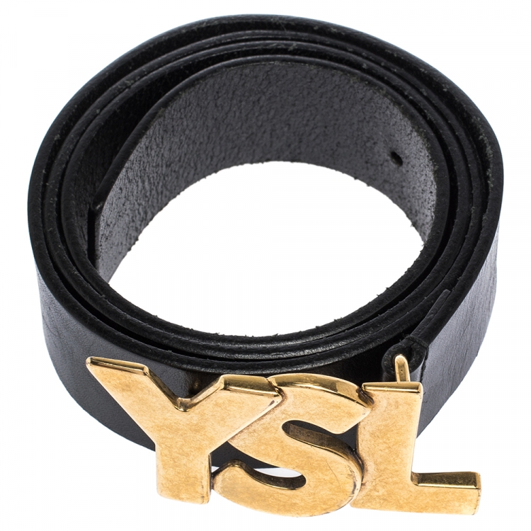 Pre Owned Saint Laurent Paris Black Leather YSL Logo Buckle Belt 95CM