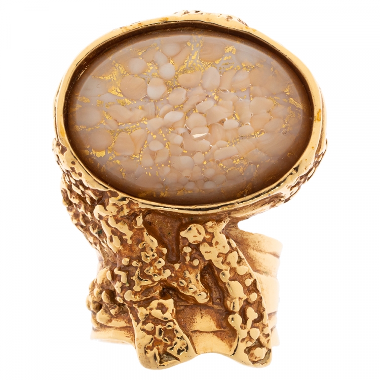 Pre Owned Yves Saint Laurent White & Pink Inlay Gold Tone Arty Ring Size EU 52