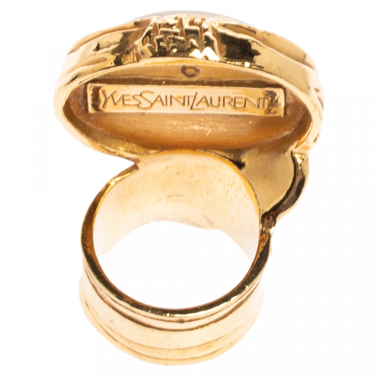 Pre Owned Yves Saint Laurent White & Pink Inlay Gold Tone Arty Ring Size EU 52
