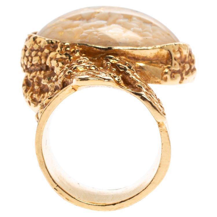 Pre Owned Yves Saint Laurent White & Pink Inlay Gold Tone Arty Ring Size EU 52