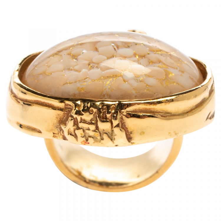 Pre Owned Yves Saint Laurent White & Pink Inlay Gold Tone Arty Ring Size EU 52