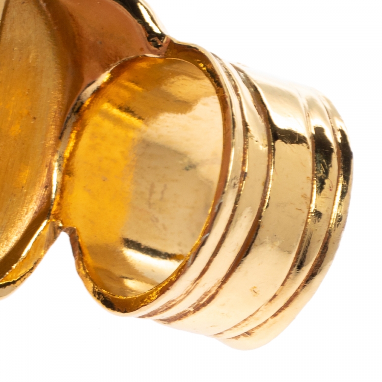 Pre Owned Yves Saint Laurent White & Pink Inlay Gold Tone Arty Ring Size EU 52