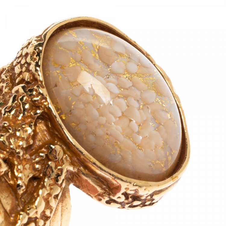 Pre Owned Yves Saint Laurent White & Pink Inlay Gold Tone Arty Ring Size EU 52