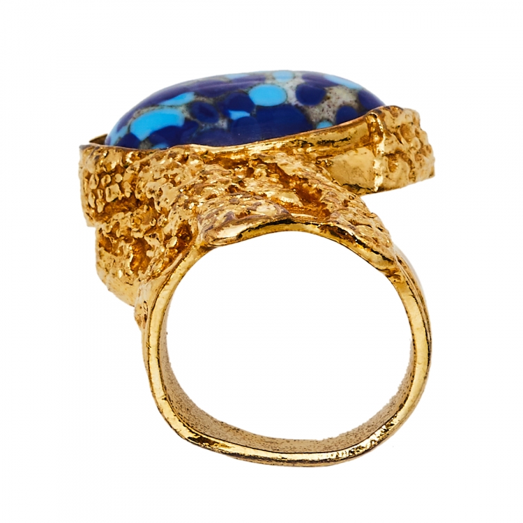 Pre Owned Yves Saint Laurent Blue Glass Cabochon Arty Ring Size EU 57