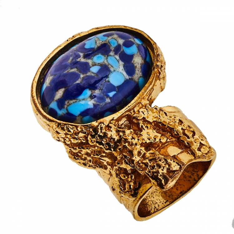 Pre Owned Yves Saint Laurent Blue Glass Cabochon Arty Ring Size EU 57