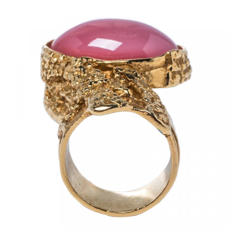 Pre Owned Yves Saint Laurent Pink Glass Cabochon Arty Ring Size 8