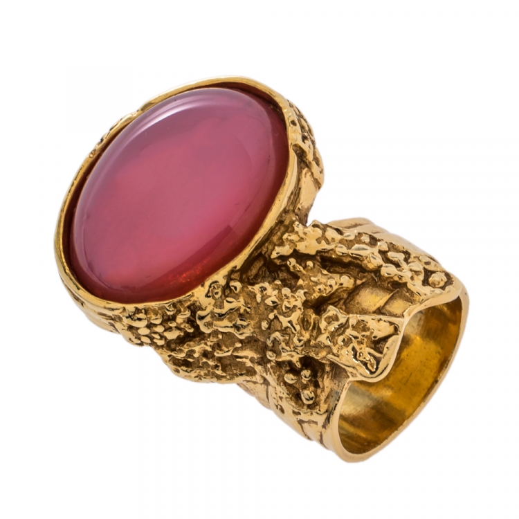 Pre Owned Yves Saint Laurent Pink Glass Cabochon Arty Ring Size 8