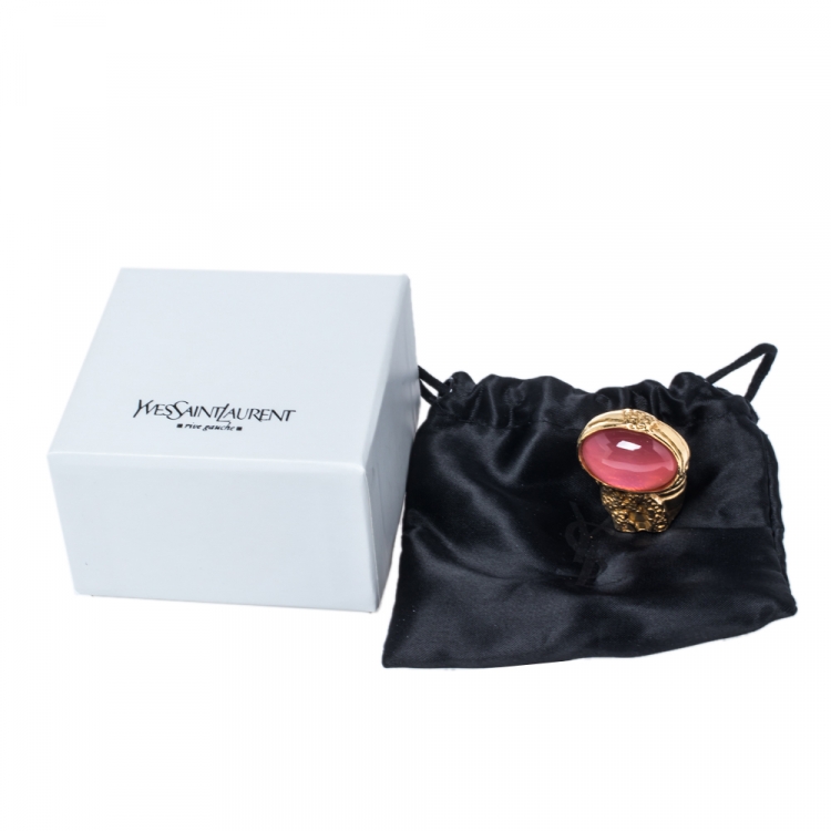 Pre Owned Yves Saint Laurent Pink Glass Cabochon Arty Ring Size 8