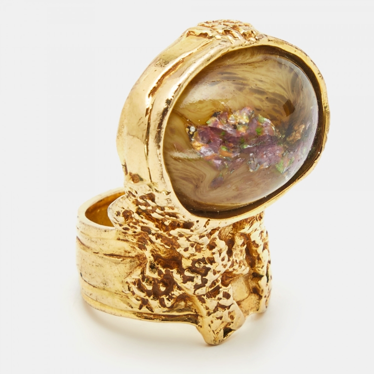 Pre Owned Yves Saint Laurent Arty Glass Cabochon Gold Tone Ring Size 60