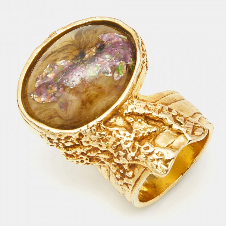 Pre Owned Yves Saint Laurent Arty Glass Cabochon Gold Tone Ring Size 60