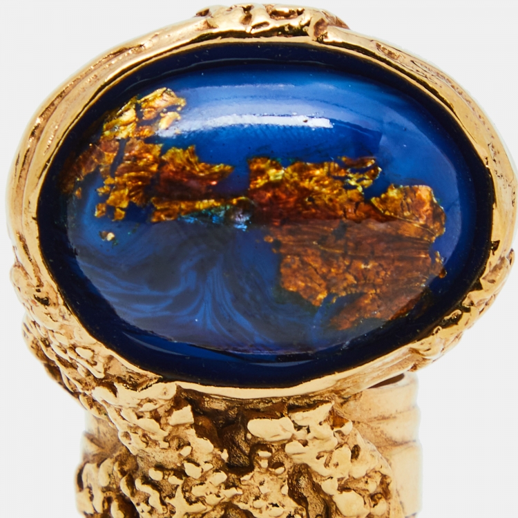 Pre Owned Yves Saint Laurent Arty Glass Cabochon Gold Tone Ring Size 55