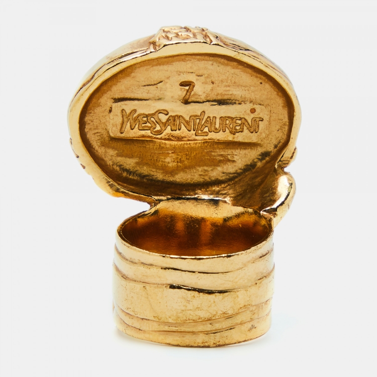 Pre Owned Yves Saint Laurent Arty Glass Cabochon Gold Tone Ring Size 55