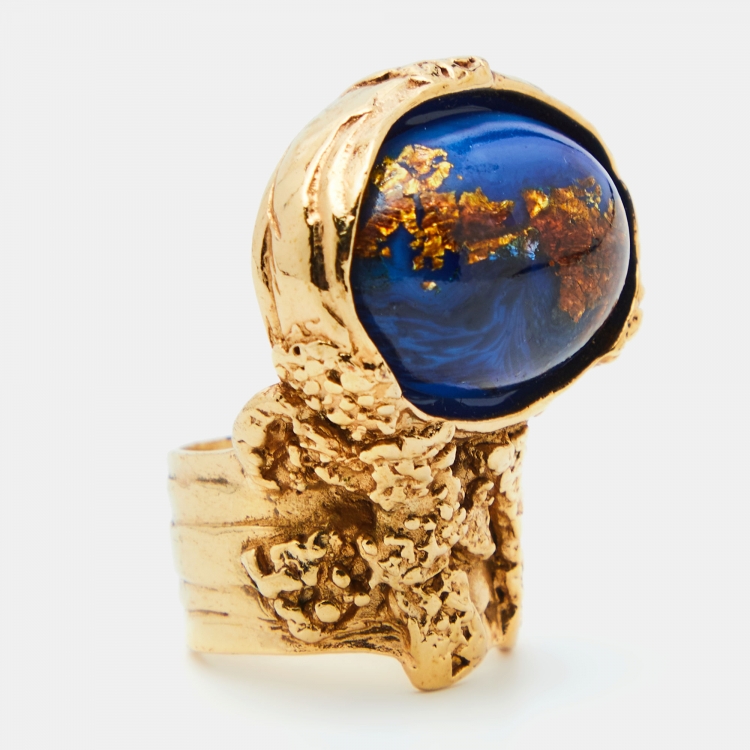 Pre Owned Yves Saint Laurent Arty Glass Cabochon Gold Tone Ring Size 55