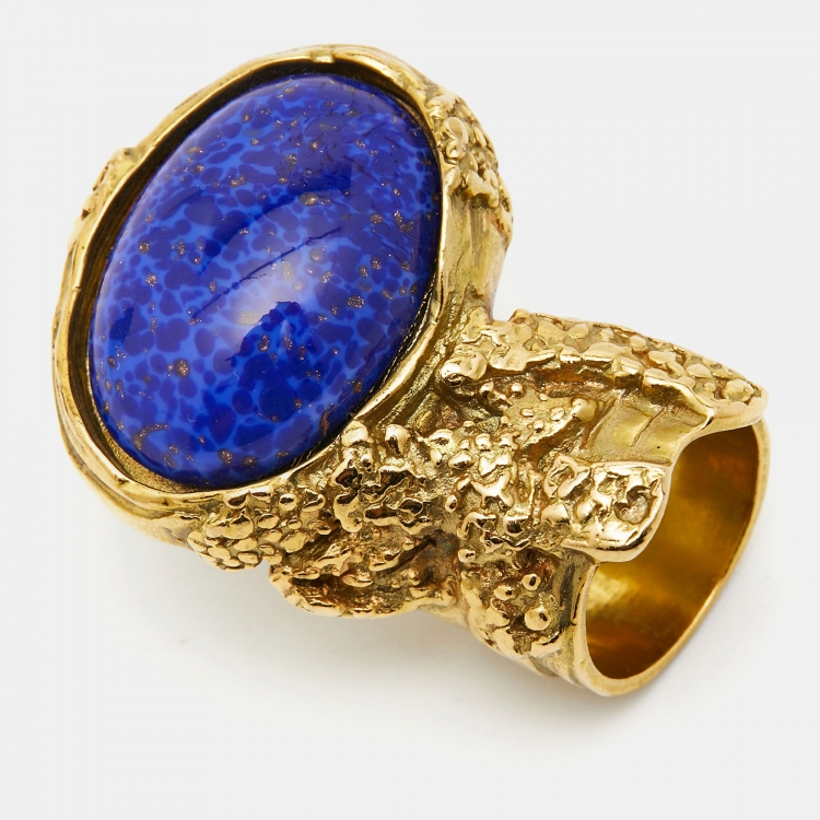 Pre Owned Yves Saint Laurent Blue Cabochon Arty Cocktail Ring Size 50