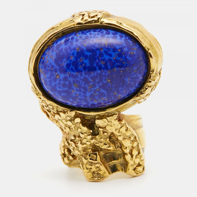 Pre Owned Yves Saint Laurent Blue Cabochon Arty Cocktail Ring Size 50