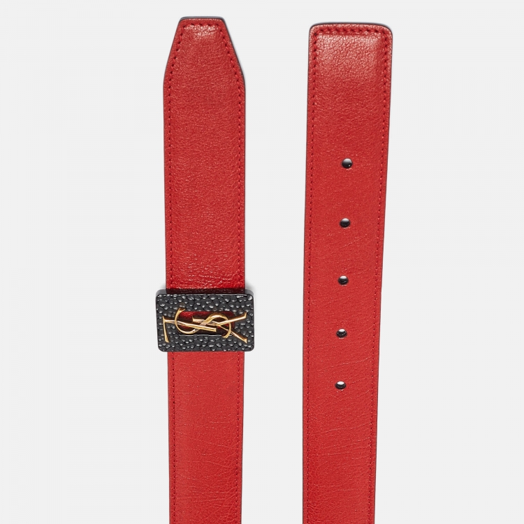 Pre Owned Yves Saint Laurent Red/Black Leather Monogram Reversible Waist Belt M