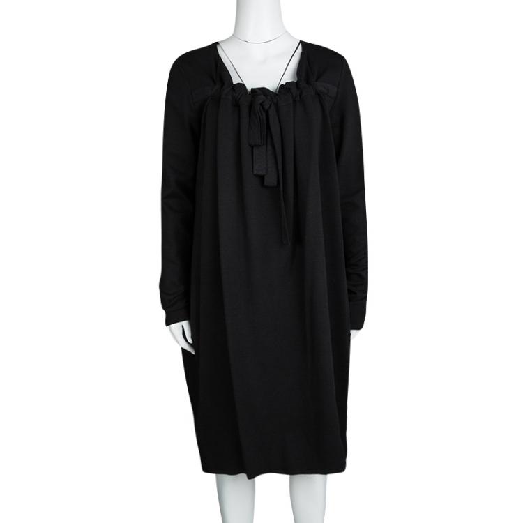 مملوكة مسبقًا Yves Saint Laurent Hiver'09 Black Knit Gathered Neck Tie Detail Long Sleeve Dress L