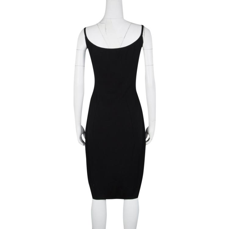 Pre Owned Yves Saint Laurent Black Rib Knit Faux Leather Trim Sleeveless Wool Dress S