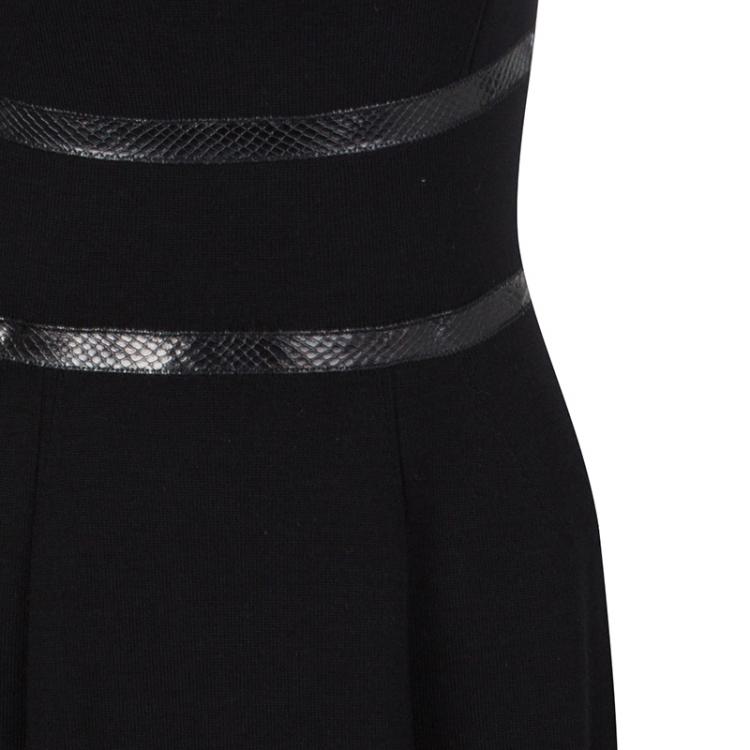 Pre Owned Yves Saint Laurent Black Rib Knit Faux Leather Trim Sleeveless Wool Dress S