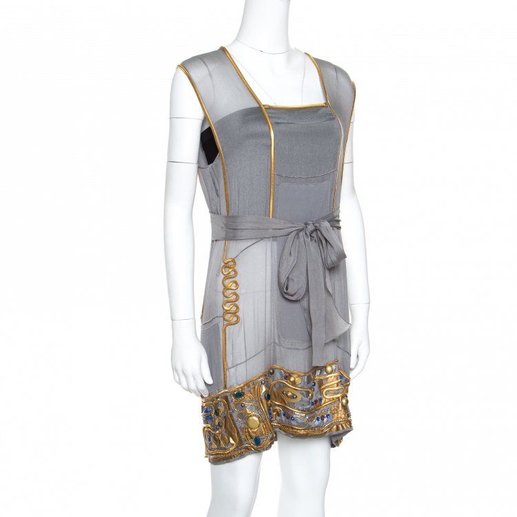 Pre Owned Yves Saint Laurent Grey Sheer Silk Egyptian Style Embellished Tunic M