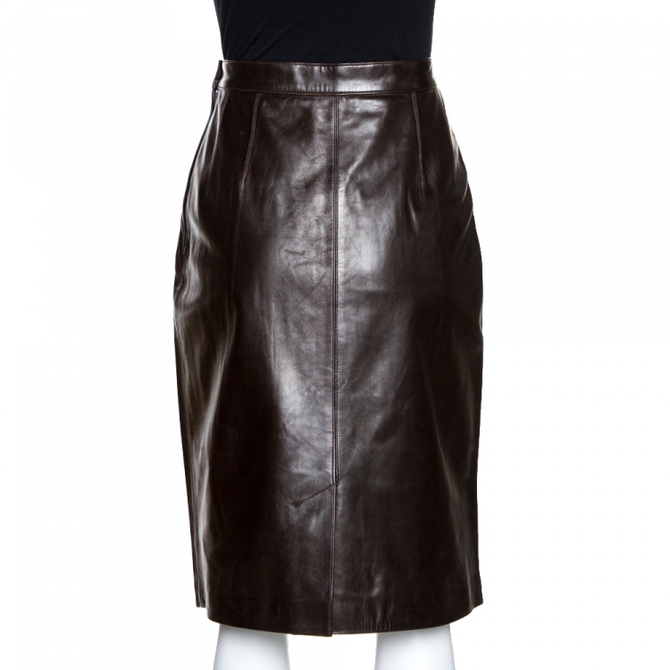 Pre Owned Yves Saint Laurent Rive Gauche Brown Leather Pencil Skirt L