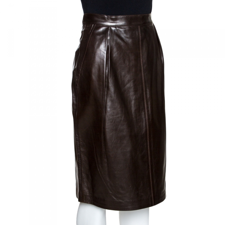 Pre Owned Yves Saint Laurent Rive Gauche Brown Leather Pencil Skirt L