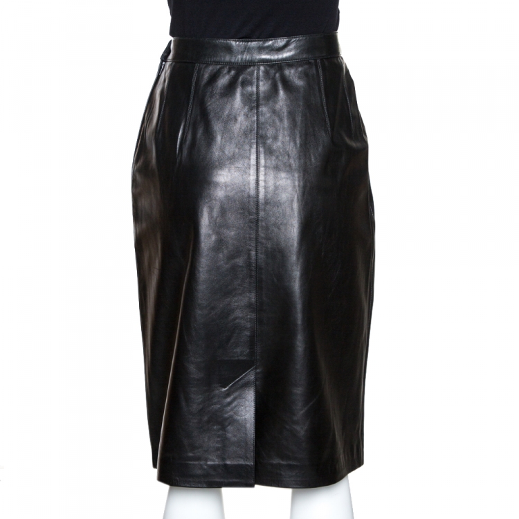 Pre Owned Yves Saint Laurent Rive Gauche Black Leather Pencil Skirt L