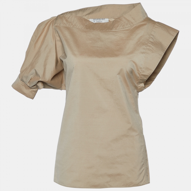 Pre Owned Yves Saint Laurent Beige Silk Puff Sleeve Top M