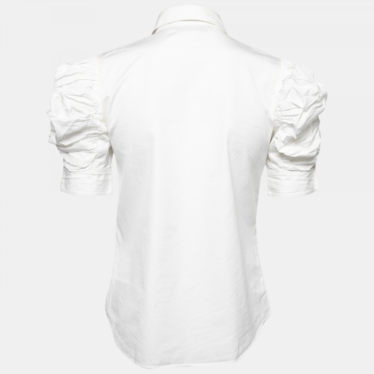 Pre Owned Yves Saint Laurent White Cotton Ruched Sleeve Button Front Shirt S