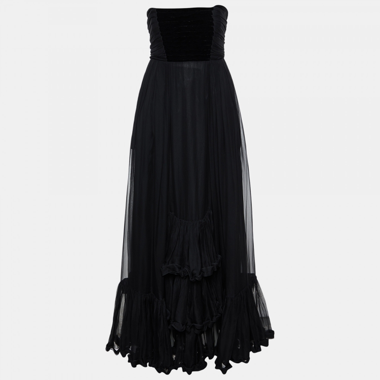 Pre Owned Yves Saint Laurent Vintage Black Silk Ruffled Strapless Gown L