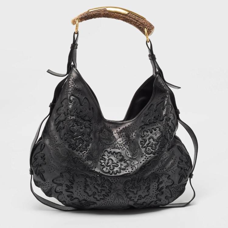 Pre Owned Yves Saint Laurent Black Embroidered Leather Mombasa Hobo