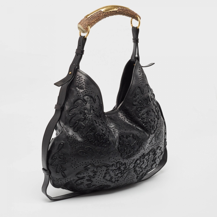 Pre Owned Yves Saint Laurent Black Embroidered Leather Mombasa Hobo