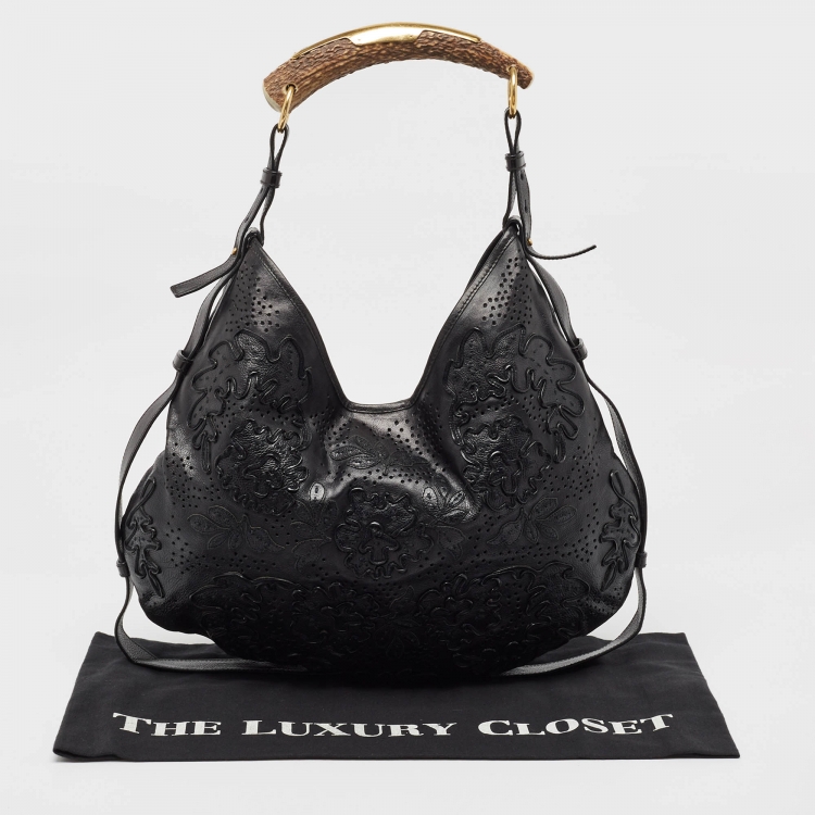 Pre Owned Yves Saint Laurent Black Embroidered Leather Mombasa Hobo