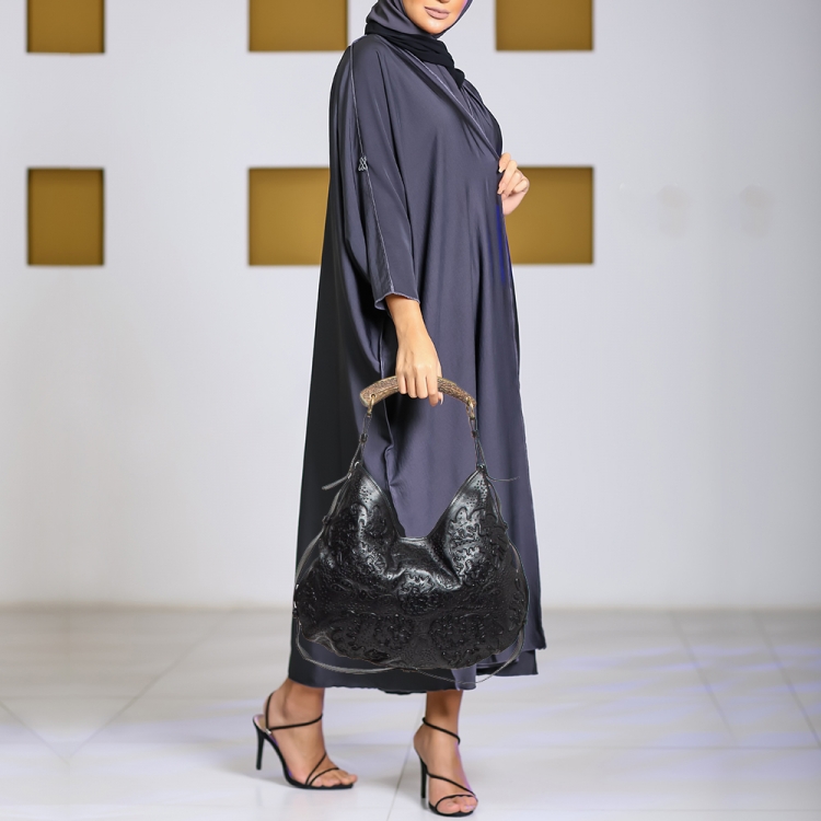 Pre Owned Yves Saint Laurent Black Embroidered Leather Mombasa Hobo