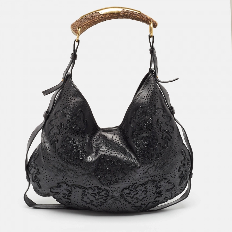 Pre Owned Yves Saint Laurent Black Embroidered Leather Mombasa Hobo