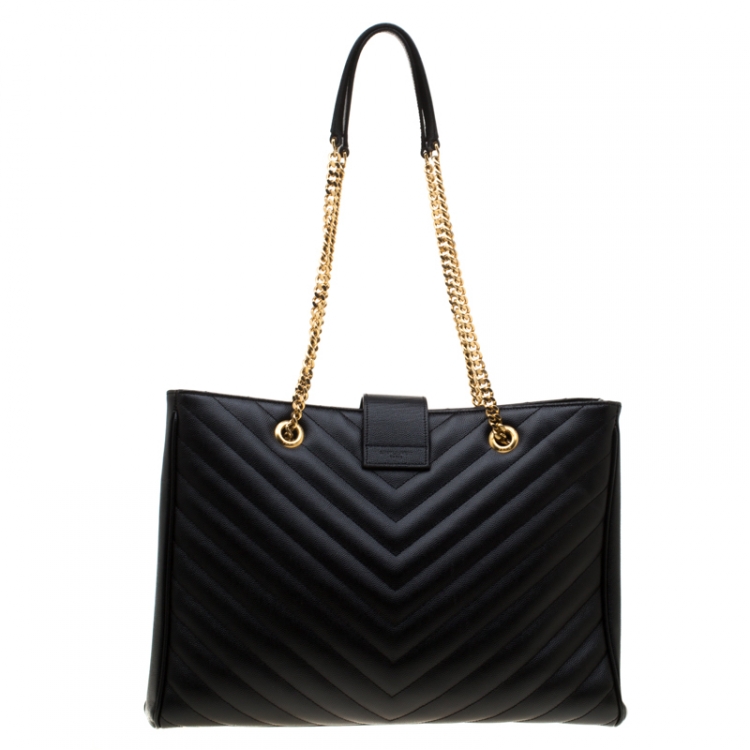 Pre Owned Saint Laurent Paris Black Chevron Leather Classic Monogram Shopping Tote