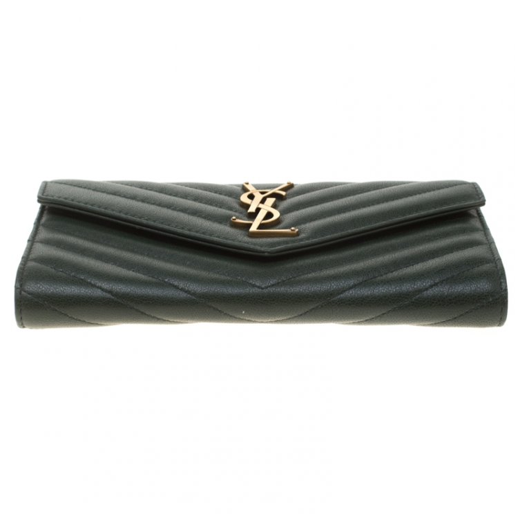 Pre Owned Saint Laurent Green Matelasse Leather Flap Wallet