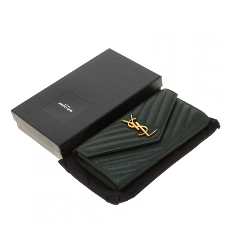 Pre Owned Saint Laurent Green Matelasse Leather Flap Wallet