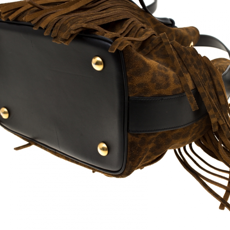 Pre Owned Saint Laurent Paris Brown Leopard Print Suede Emmanuelle Fringed Bucket Bag