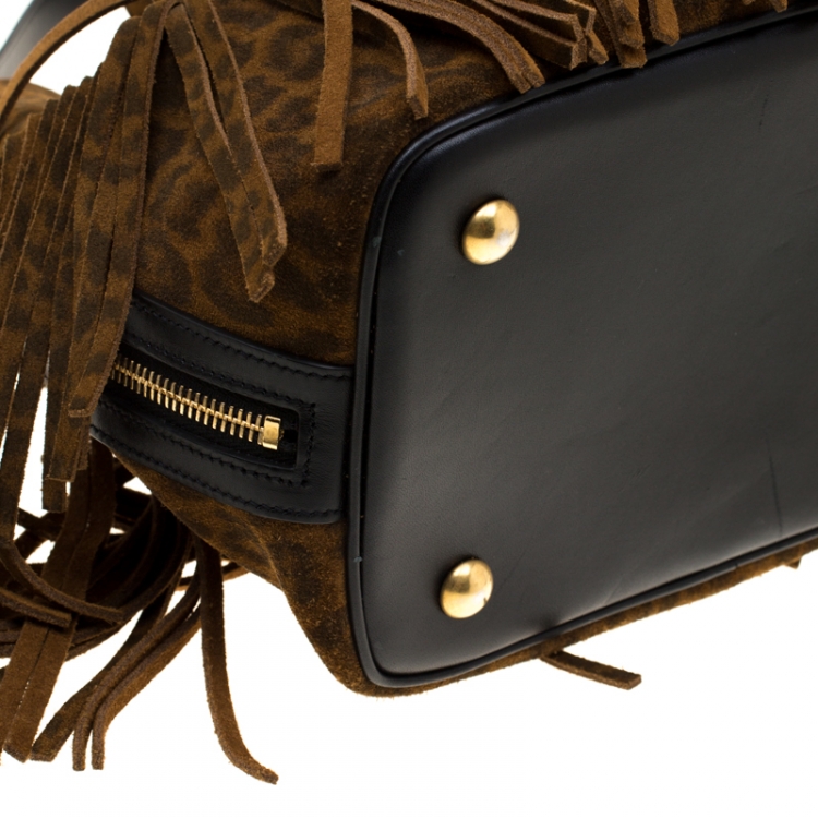 Pre Owned Saint Laurent Paris Brown Leopard Print Suede Emmanuelle Fringed Bucket Bag