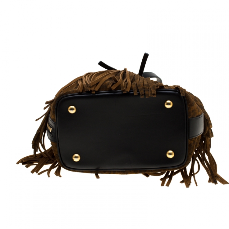 Pre Owned Saint Laurent Paris Brown Leopard Print Suede Emmanuelle Fringed Bucket Bag
