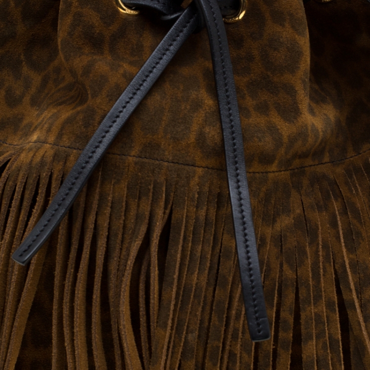 Pre Owned Saint Laurent Paris Brown Leopard Print Suede Emmanuelle Fringed Bucket Bag