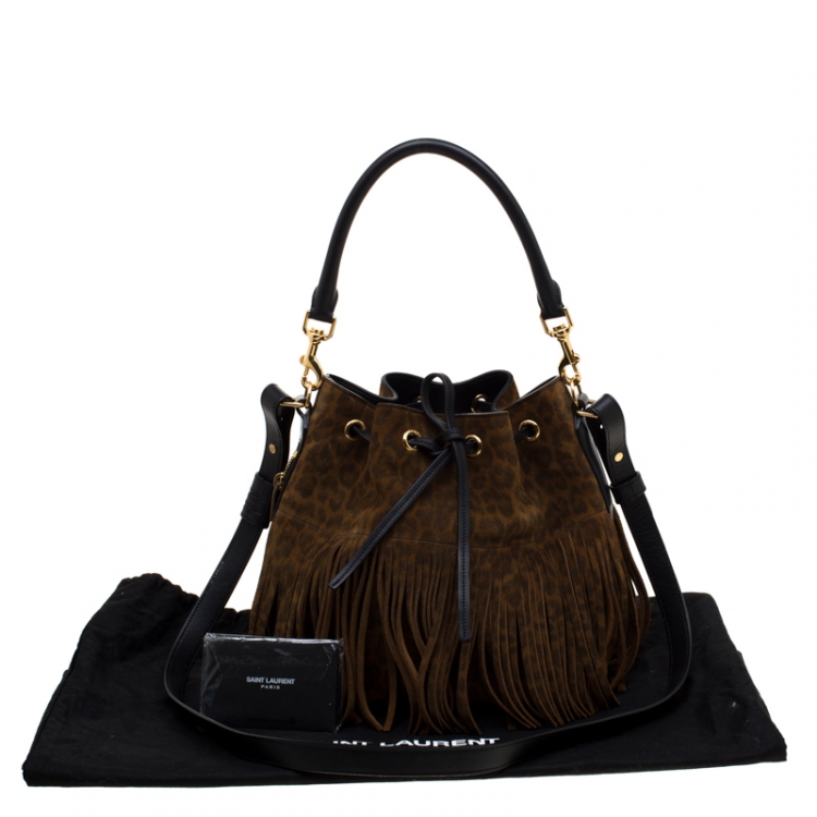 Pre Owned Saint Laurent Paris Brown Leopard Print Suede Emmanuelle Fringed Bucket Bag