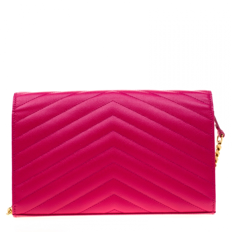 Pre Owned Saint Laurent Fuchsia Leather Monogram Envelope Wallet-On-Chain