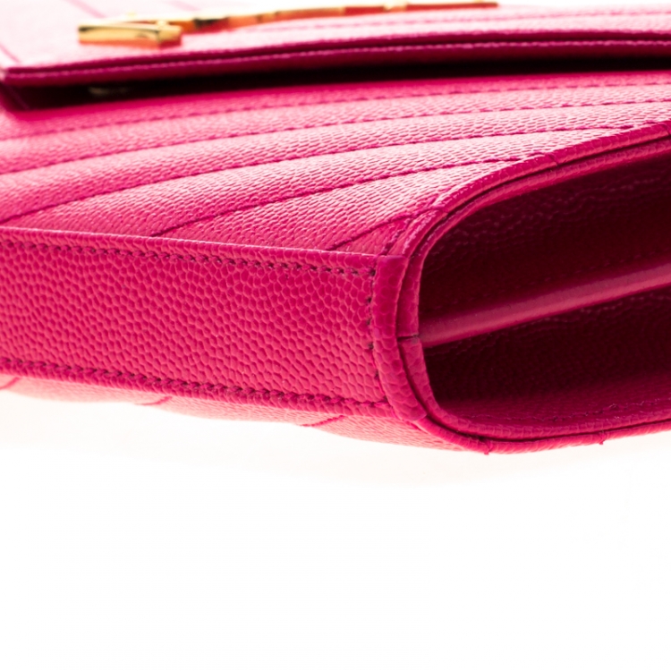 Pre Owned Saint Laurent Fuchsia Leather Monogram Envelope Wallet-On-Chain